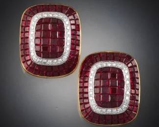 Ladies Spectacular Pair of Gold, Ruby and Diamond Earrings, VCA Style 