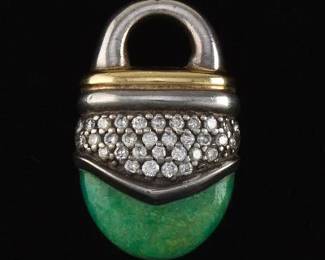 David Yurman Sterling Silver, Gold, Diamond and Green Stone Pendant 