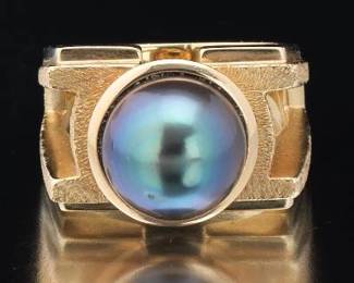 Ladies Gold and Tahitian Pearl Abstract Ring 