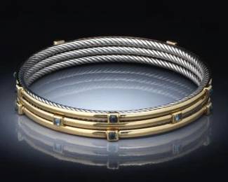 David Yurman Three 18K Gold, Sterling Silver and Blue Topaz Confetti Bangles 