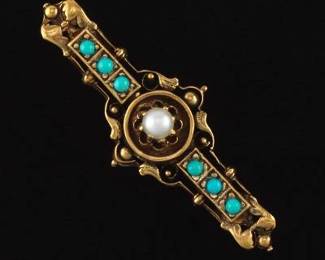 Ladies Victorian Style Gold, Turquoise and Seed Pearl Bar Pin Brooch 