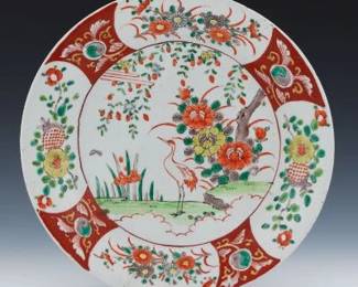 Chinese Porcelain Famille Vert Footed Dish, Kangxi Style, Qing 