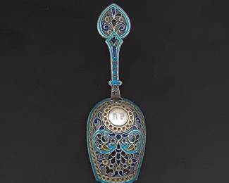 Russian Silver and Cloisonne Enamel Sugar Spoon by Antip Kuzmichov, Moscow, Late 19th Century