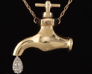 Ladies Novelty Gold and Diamond Dripping Faucet Pendant Chain Necklace 