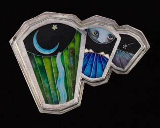 Jack Kinkelaar Artisan Sterling Silver and Cloisonne Enamel Nocturnal Pin Brooch 