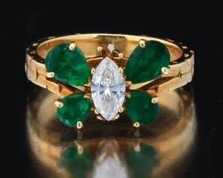 Kutchinsky English 18K Gold, Emerald and Diamond Butterfly Ring 