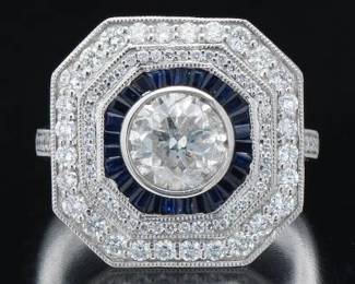 Ladies Art Deco Style 1.50 Center Diamond and Sapphire Ring 