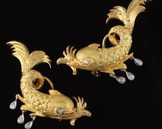 Ladies Pair of Gold and Diamond Dolphins Ear Clips 