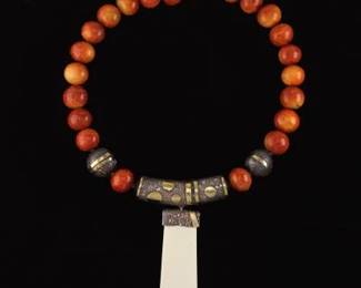 Artisan Sterling Silver, 14k Gold, Bone and Red Stone Necklace 