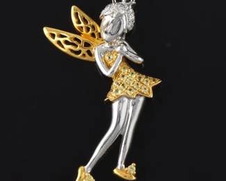 Ladies Tinker Bell TwoTone Gold, Yellow Sapphire and Diamond Pendant on Chain 