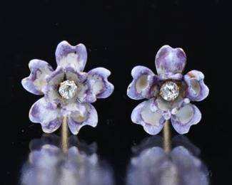 Antique Pair of Gold, Diamond and Enamel Floral Earrings Studs