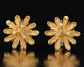 Ladies Pair of Gold and Diamond Floral Earrings 