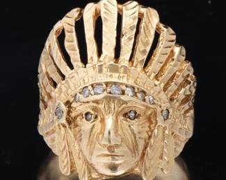 Gentlemens Gold and Diamond Indian Chief Head Ring 