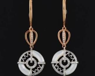 Ladies Pair of Gold, Diamond and Mother of Pearl Dangle Earrings 