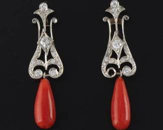 Ladies Pair of Platinum, Diamond and Coral Earrings 