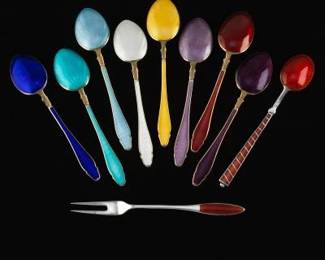 A Group of Enameled Silver Spoons and a Fork 
