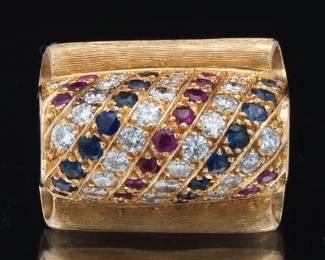 Ladies Vintage Gold, Gem Stones and Diamond Dome Scroll Ring 