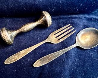 Silver plated baby rattle and utensils