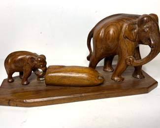 Hand Carved Wooden Asian Elephants with Log (string missing)