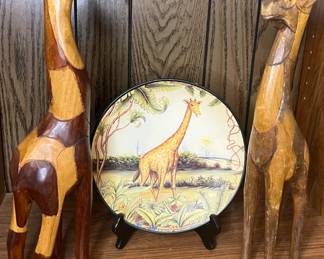 Hand Carved Wooden Giraffes with Signature Home Collection Decorative Plate