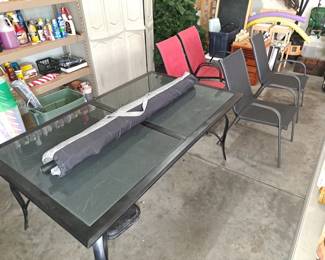 Patio Table, 4 Chairs, Umbrella & Stand 