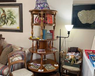 Small, medium, and large size round tables, pair of antique chairs. 
