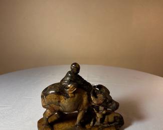 Soapstone Carved Boy on Water Buffalo Wood Stand