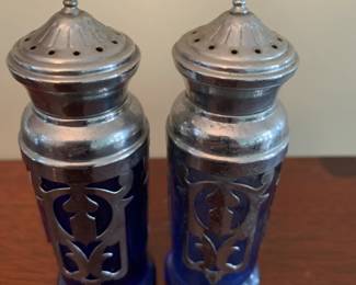 Vintage Cobalt Blue Glass S&P w/Silver  Overlay