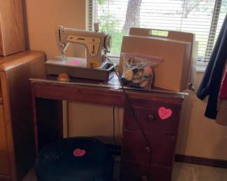 Antique desk, foot tool, Singer sewing machine w/case