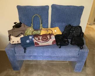 Light blue/ gray bench with pillows