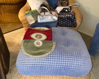 Wicker chair and footstool with cushions