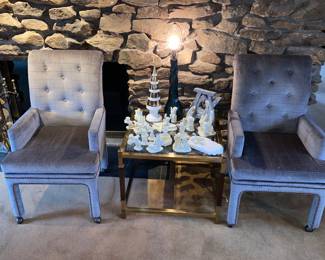 2 blue/gray upholstered arm chairs with tacked edges
