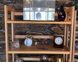 Glass display case, clocks and decor
