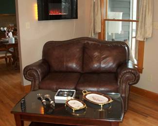 Leather Loveseat / table w/ custom cut glass top