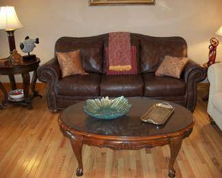 Leather Sofa w/ table and custom cut glass top