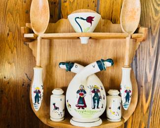 Vintage Royal Seal Oil and Vinegar Cruet, Salt and Pepper Shakers, Funnel and Serving Spoons