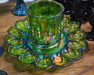 CARNIVAL GLASS EGG PLATE AND JAR
