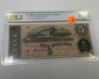 1864 CONFEDERATE STATES OF AMERICA FIVE DOLLAR BILL