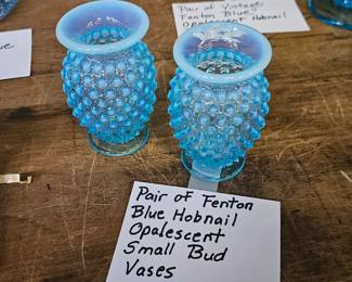 FENTON BLUE HOBNAIL SMALL BUD VASES