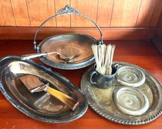 Silverplate Victorian Era Bridal Basket, Rogers Round Tray, Small Knives, More 