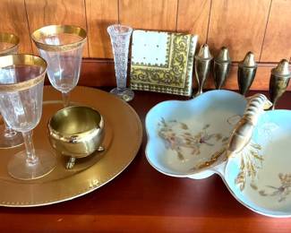 Antique German Porcelain Gold Plated Lobster Divided Dish, Crystal Stemware More