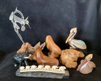Glass, Wood And Ceramic Animals