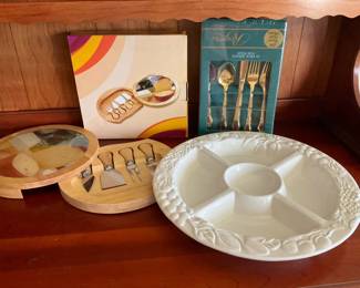 Rogers Gold Flatware, Cheese Tools, Round Ceramic Divider  Garden Party Trays
