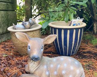 Cement Deer Statue And Ceramic Pots