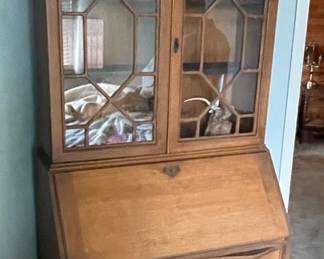 Lockable Secretary With Ornate Glass Doors