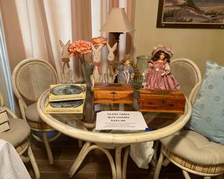 White Wash Rattan/Glass Table & Chairs