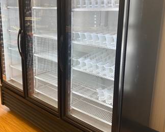  2 of 2  photos :True 3 door refrigerator glass case . Includes drink holders as seen in photos. 
Measurements: W 78 x D 30 x H 77 
Quantity : 1