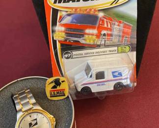 Postal Worker Watch Pin And Mail Truck