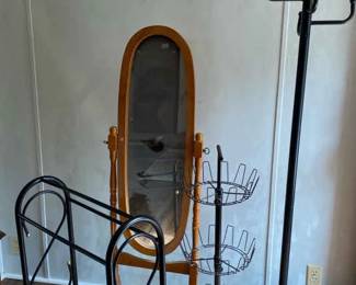 Metal Shoe Carousel, Metal Coat Rack, Metal Quilt Rack And Free Standing Wooden Mirror 