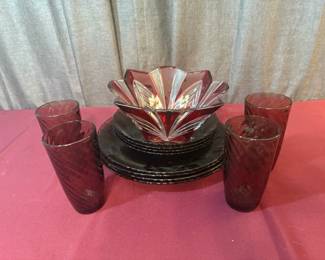 Purple Taupe Glasses, Plates, Bowls And A Ruby Red Glass Bowl
